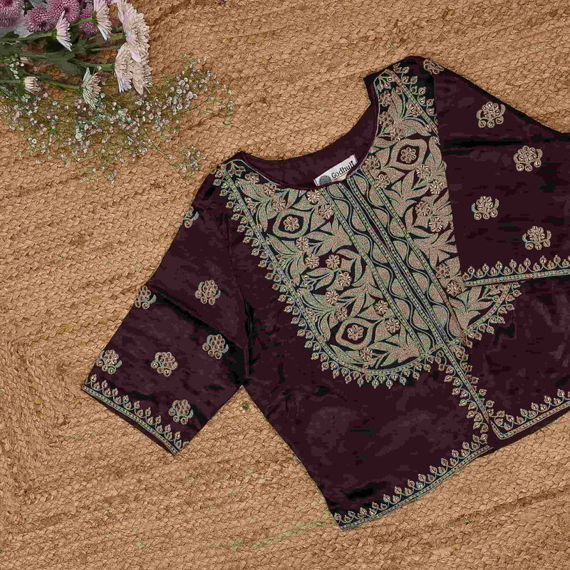 Chocolate Brown Gaji Silk Aari Work Readymade Blouse | Godhuli