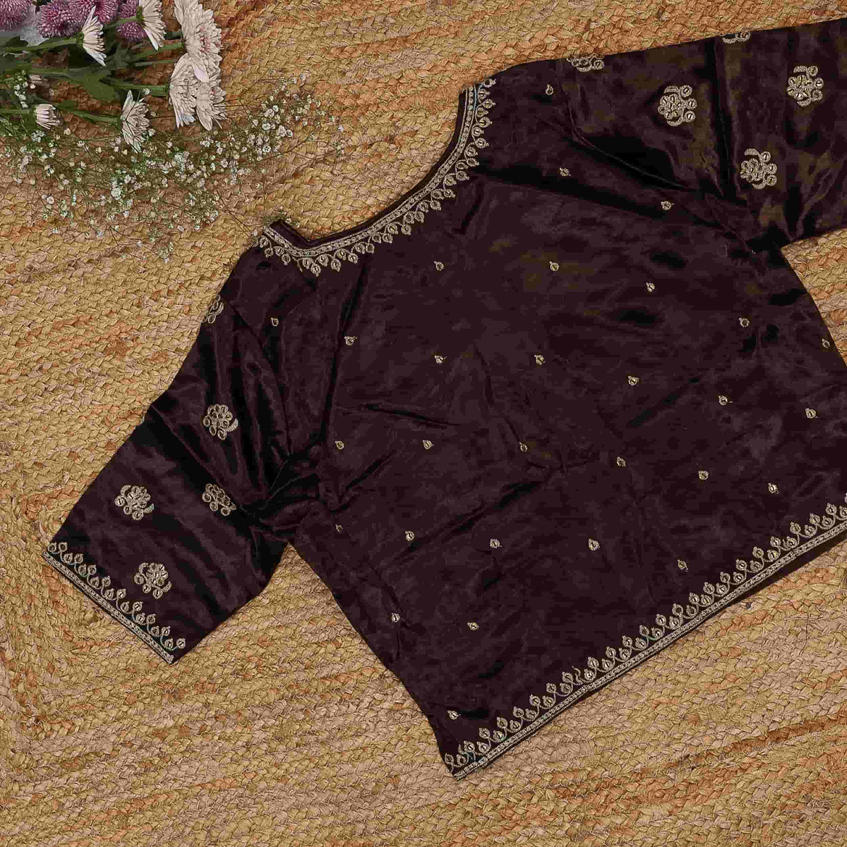 Chocolate Brown Gaji Silk Aari Work Readymade Blouse | Godhuli