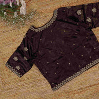 Chocolate Brown Gaji Silk Aari Work Readymade Blouse | Godhuli