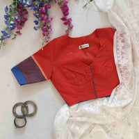 Coral Orange Pink Narayanpet Border Readymade Blouse | Godhuli
