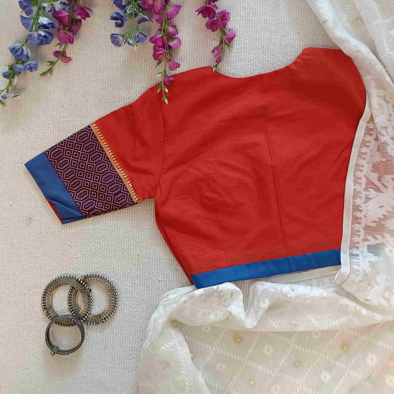 Coral Orange Pink Narayanpet Border Readymade Blouse | Godhuli