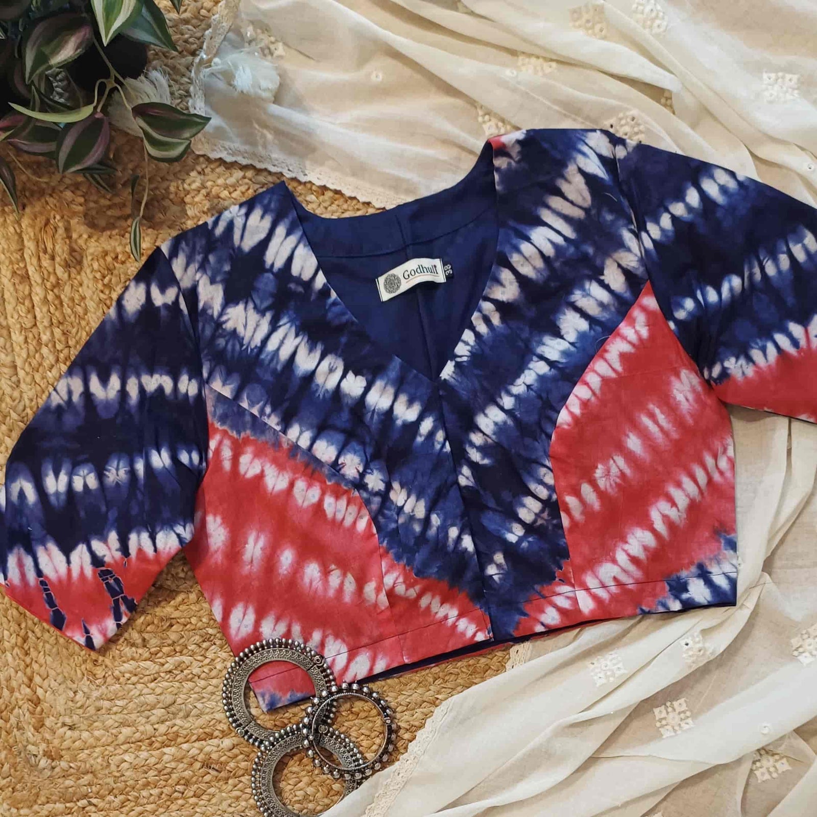 Coral Pink Blue Shibori Readymade Blouse | Godhuli