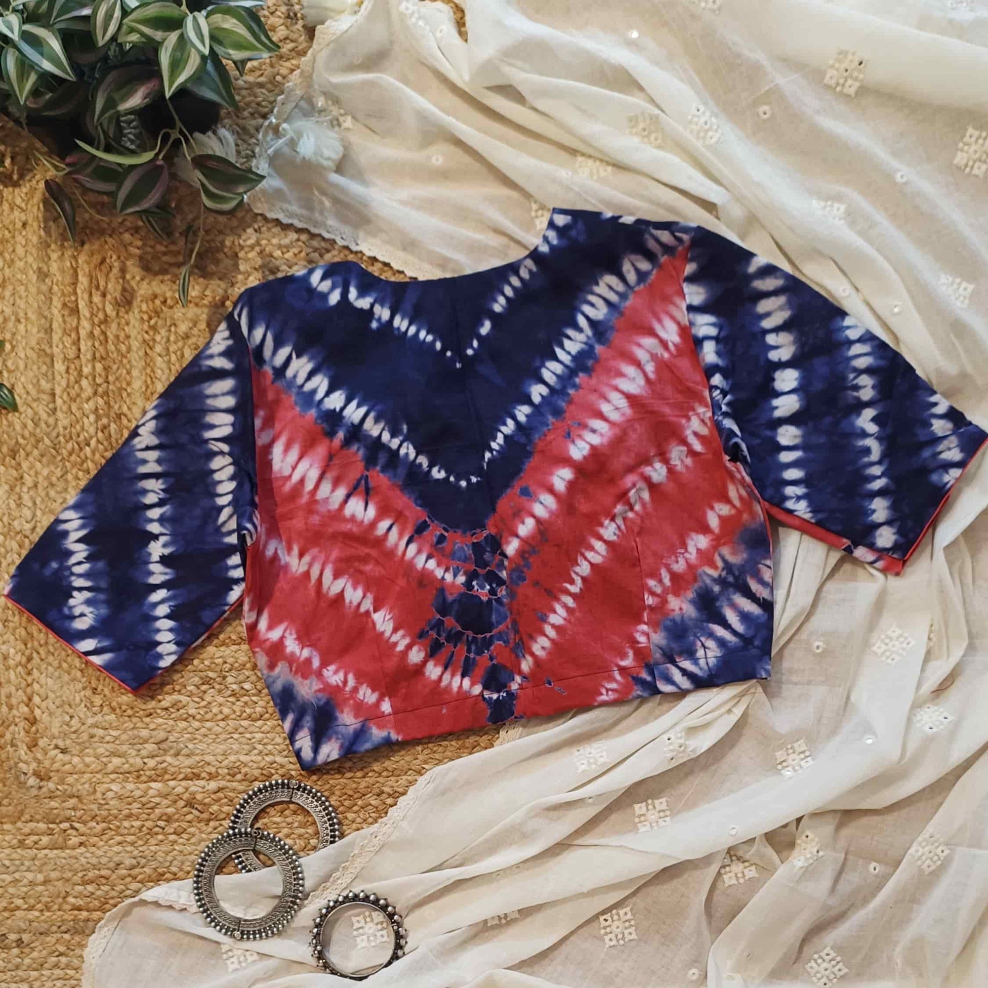 Coral Pink Blue Shibori Readymade Blouse | Godhuli