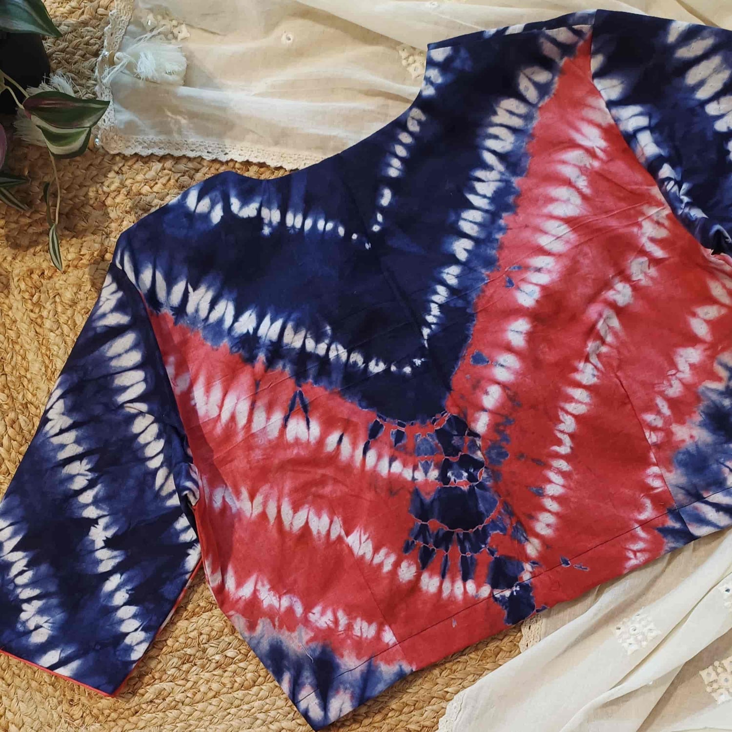 Coral Pink Blue Shibori Readymade Blouse | Godhuli
