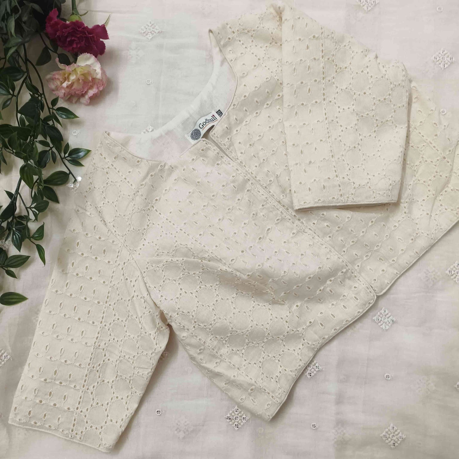 Cut-work Embroidered Readymade Blouse with Front Slit | Godhuli