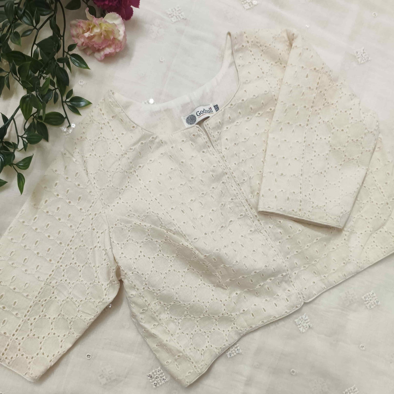 Cut-work Embroidered Readymade Blouse with Front Slit | Godhuli