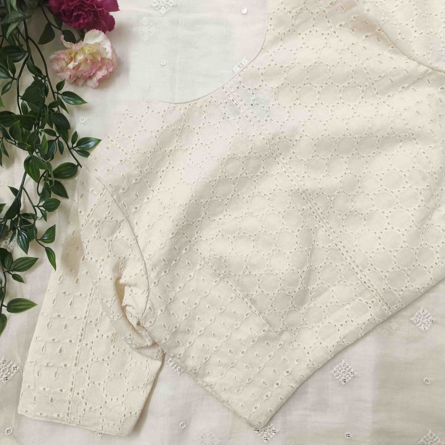Cut-work Embroidered Readymade Blouse with Front Slit | Godhuli