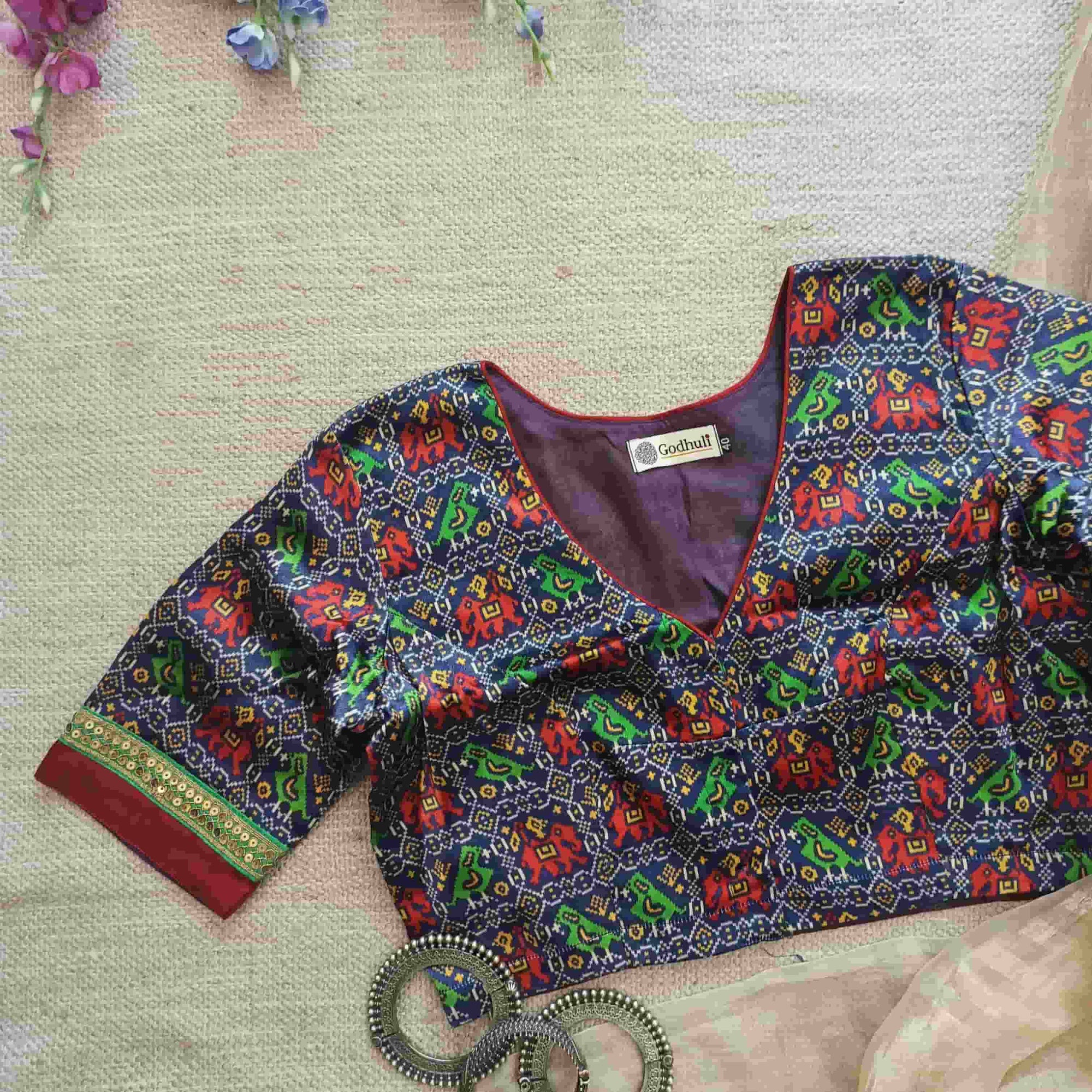 Dark Blue Gaji Silk Patola Readymade Blouse | Godhuli