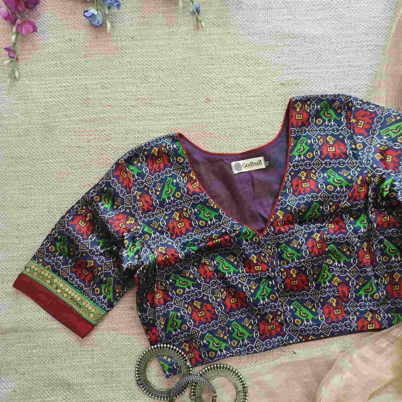 Dark Blue Gaji Silk Patola Readymade Blouse | Godhuli