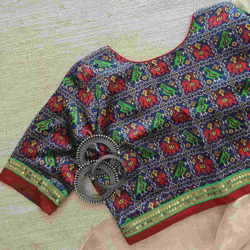 Dark Blue Gaji Silk Patola Readymade Blouse | Godhuli