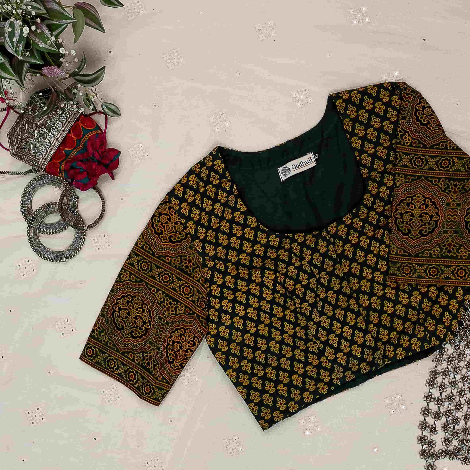 Dark Green Ajrakh Cotton Readymade Blouse | Godhuli
