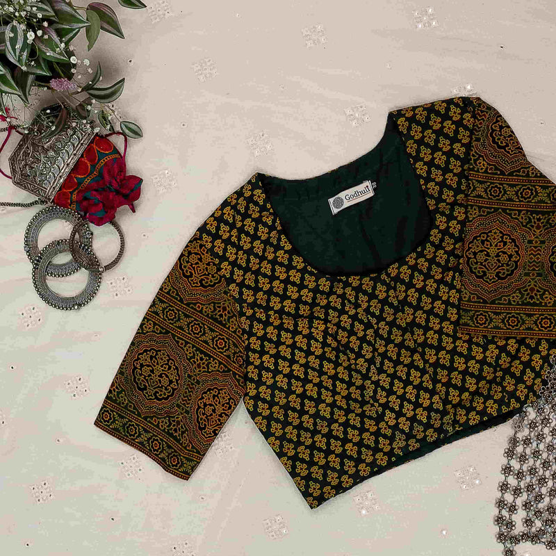 Dark Green Ajrakh Cotton Readymade Blouse | Godhuli