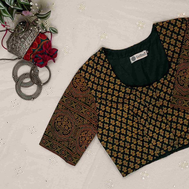 Dark Green Ajrakh Cotton Readymade Blouse | Godhuli