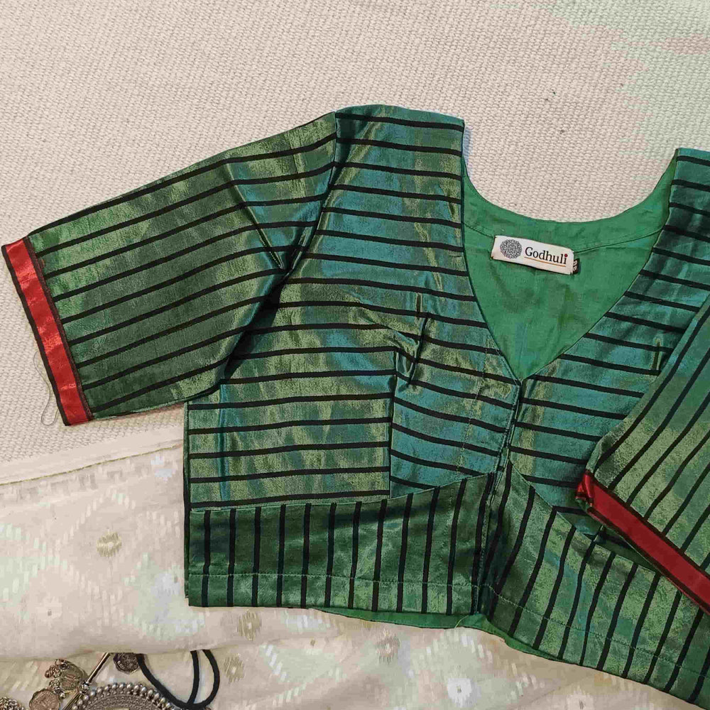Dark Green Gaji Silk Stripes Readymade Blouse | Godhuli