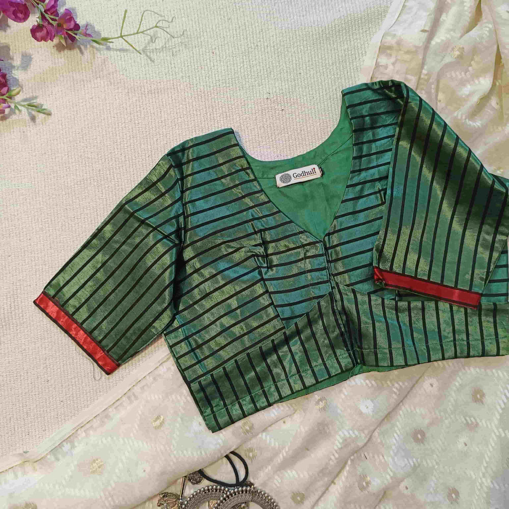 Dark Green Gaji Silk Stripes Readymade Blouse | Godhuli