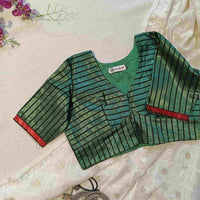 Dark Green Gaji Silk Stripes Readymade Blouse | Godhuli