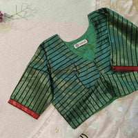 Dark Green Gaji Silk Stripes Readymade Blouse | Godhuli