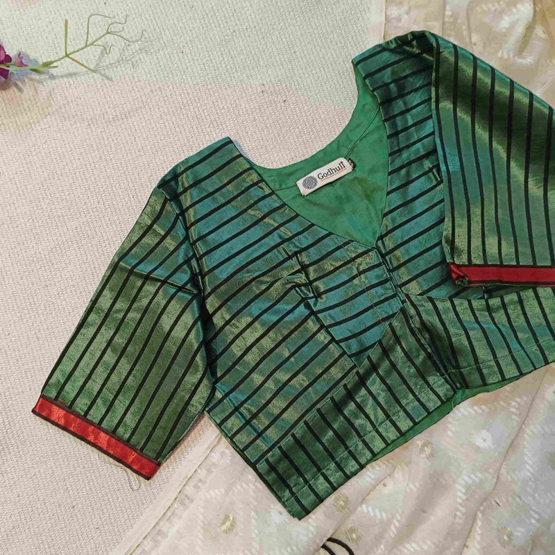 Dark Green Gaji Silk Stripes Readymade Blouse | Godhuli