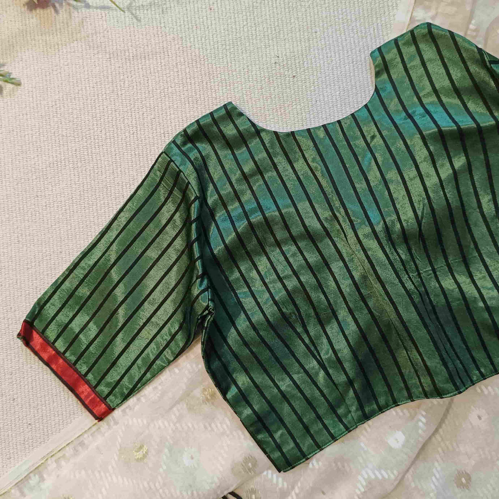 Dark Green Gaji Silk Stripes Readymade Blouse | Godhuli