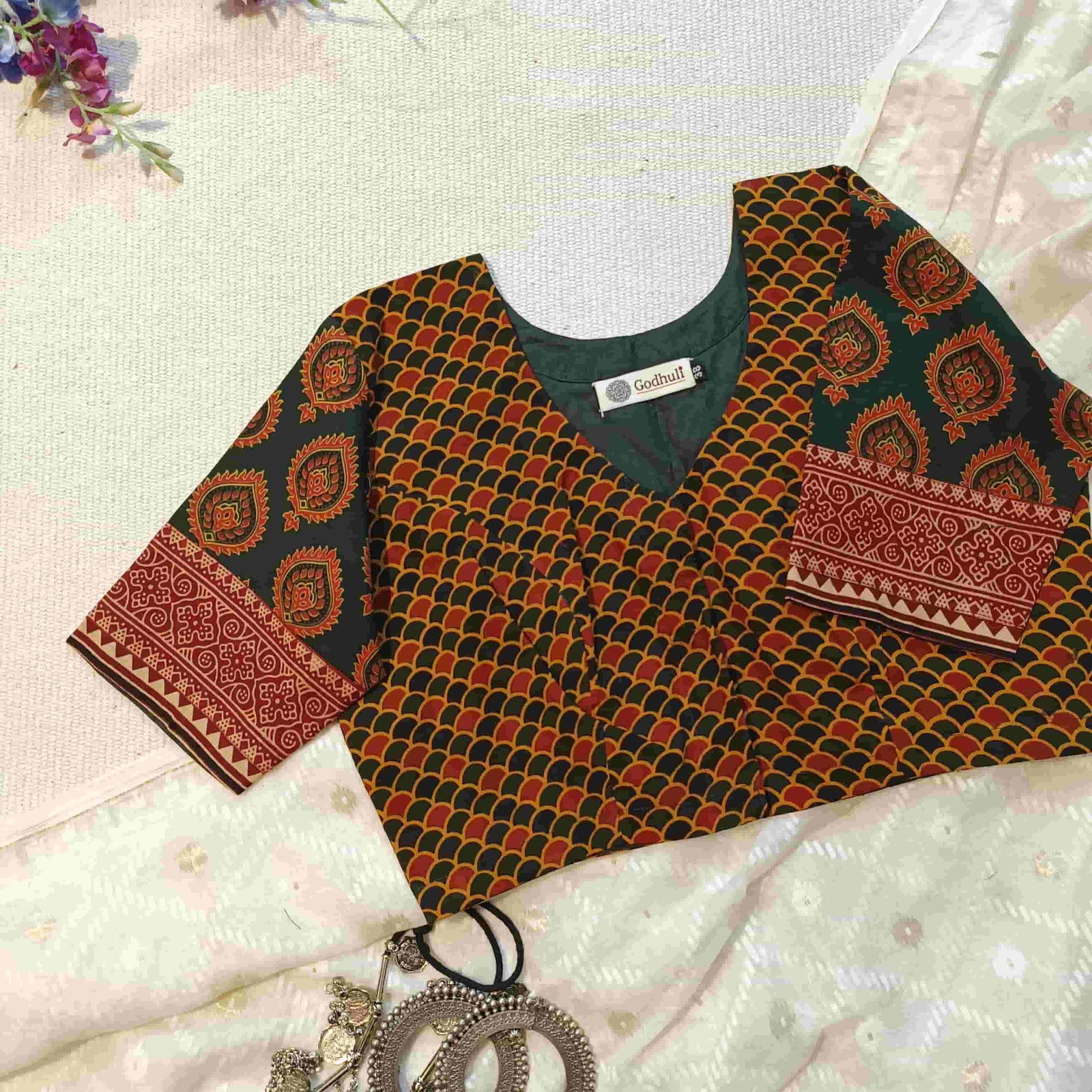 Dark Green Red Ajrakh Cotton Readymade Blouse | Godhuli
