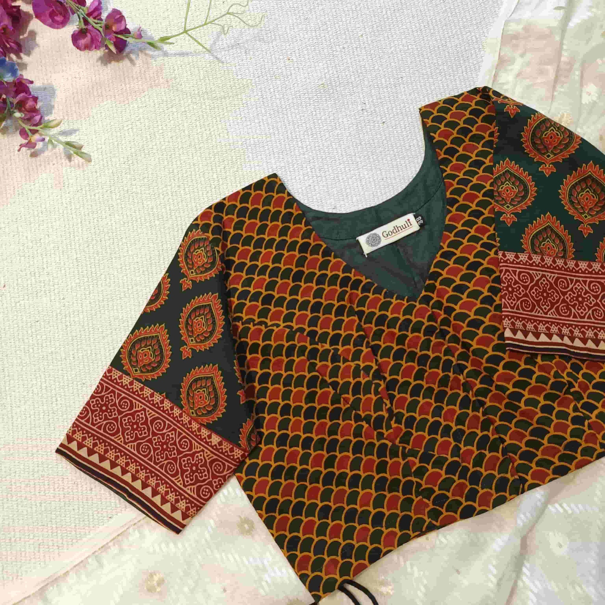 Dark Green Red Ajrakh Cotton Readymade Blouse | Godhuli