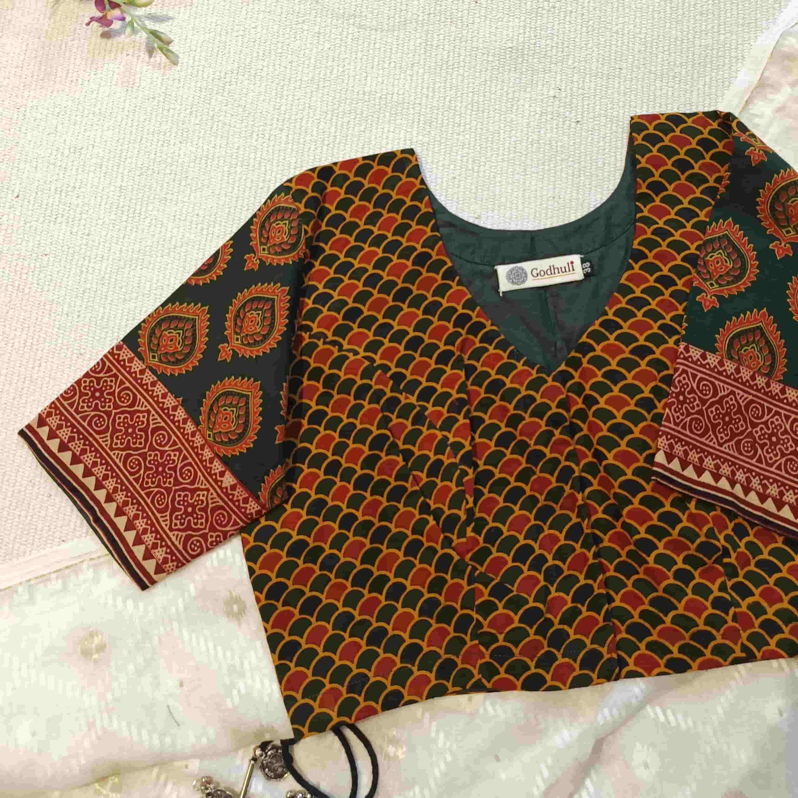 Dark Green Red Ajrakh Cotton Readymade Blouse | Godhuli