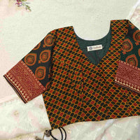 Dark Green Red Ajrakh Cotton Readymade Blouse | Godhuli