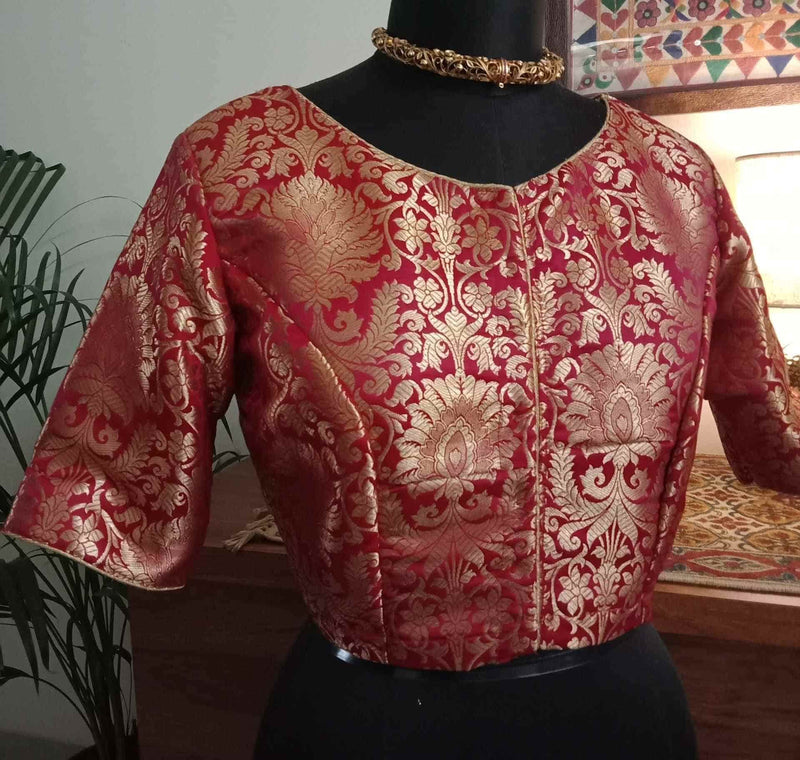 Deep Red Kimkhab Banarasi Brocade Readymade Blouse | Godhuli