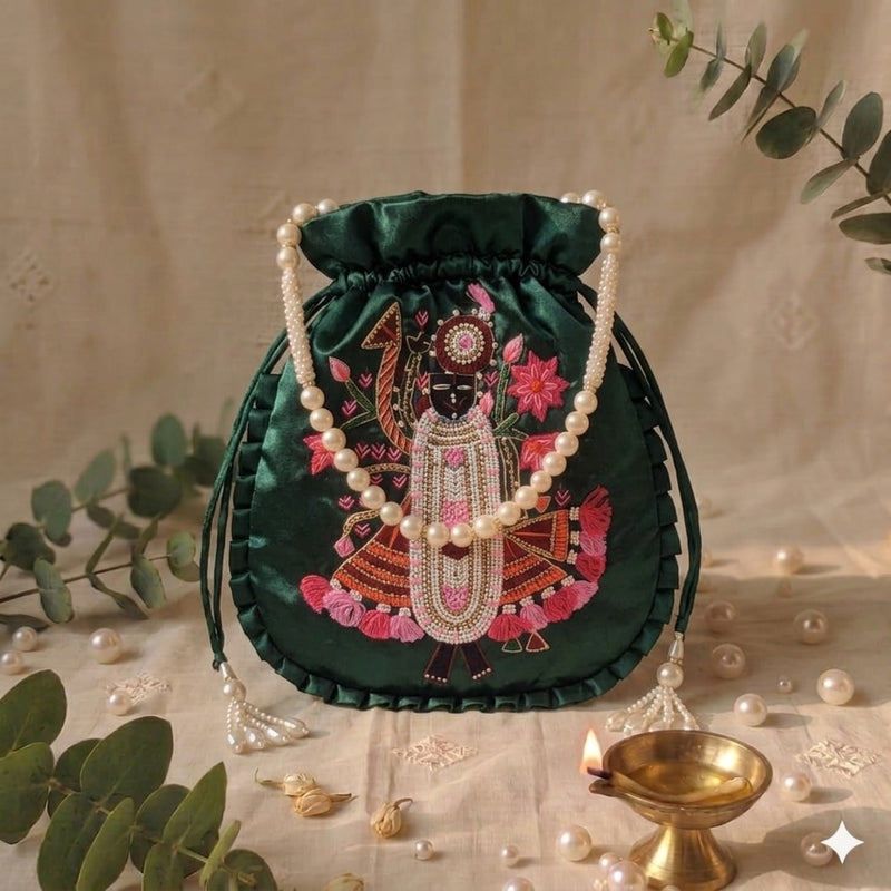Buy Green Colour Shreenathji Potli Bag | Godhuli