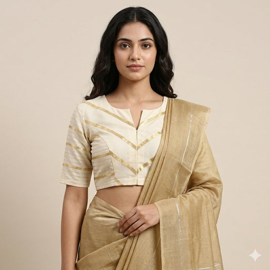 Ivory Golden Stripes Readymade Blouse | Godhuli