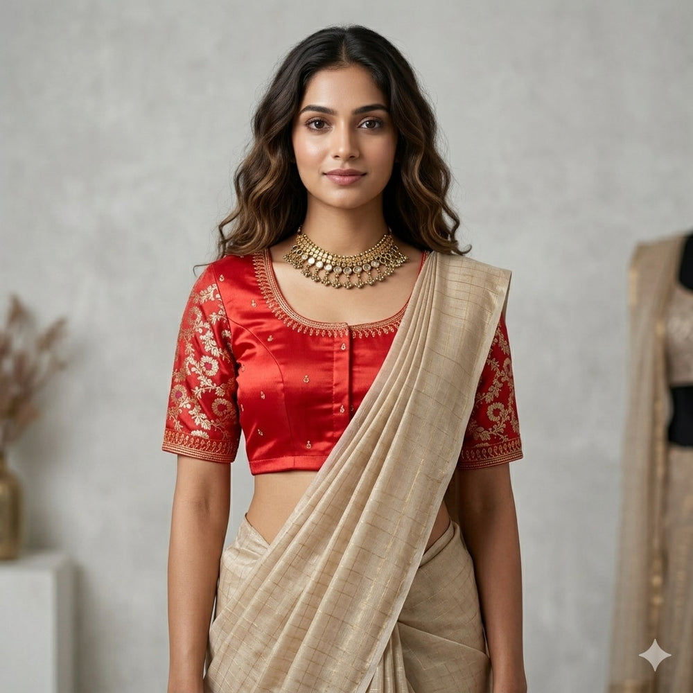 Red Gaji Silk Brocade Sleeves Aari Work Readymade Blouse | Godhuli