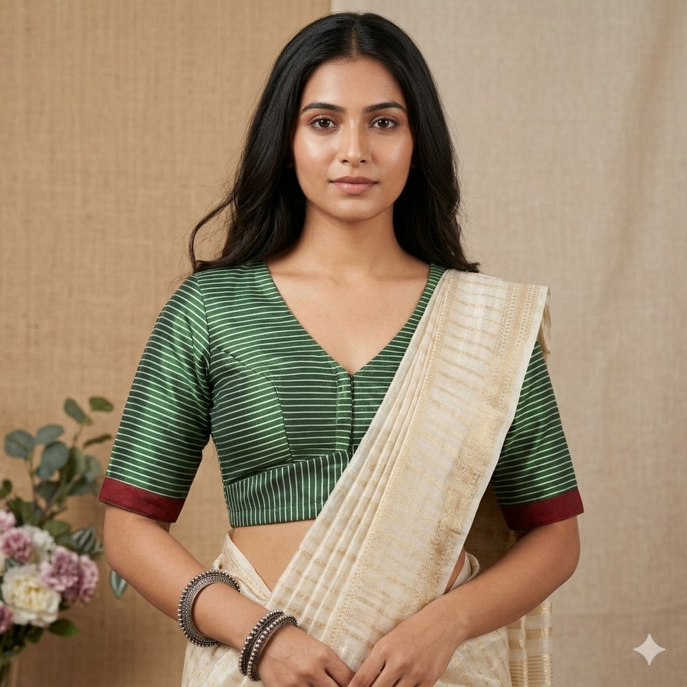 Green Gaji Silk Stripes Readymade Blouse | Godhuli
