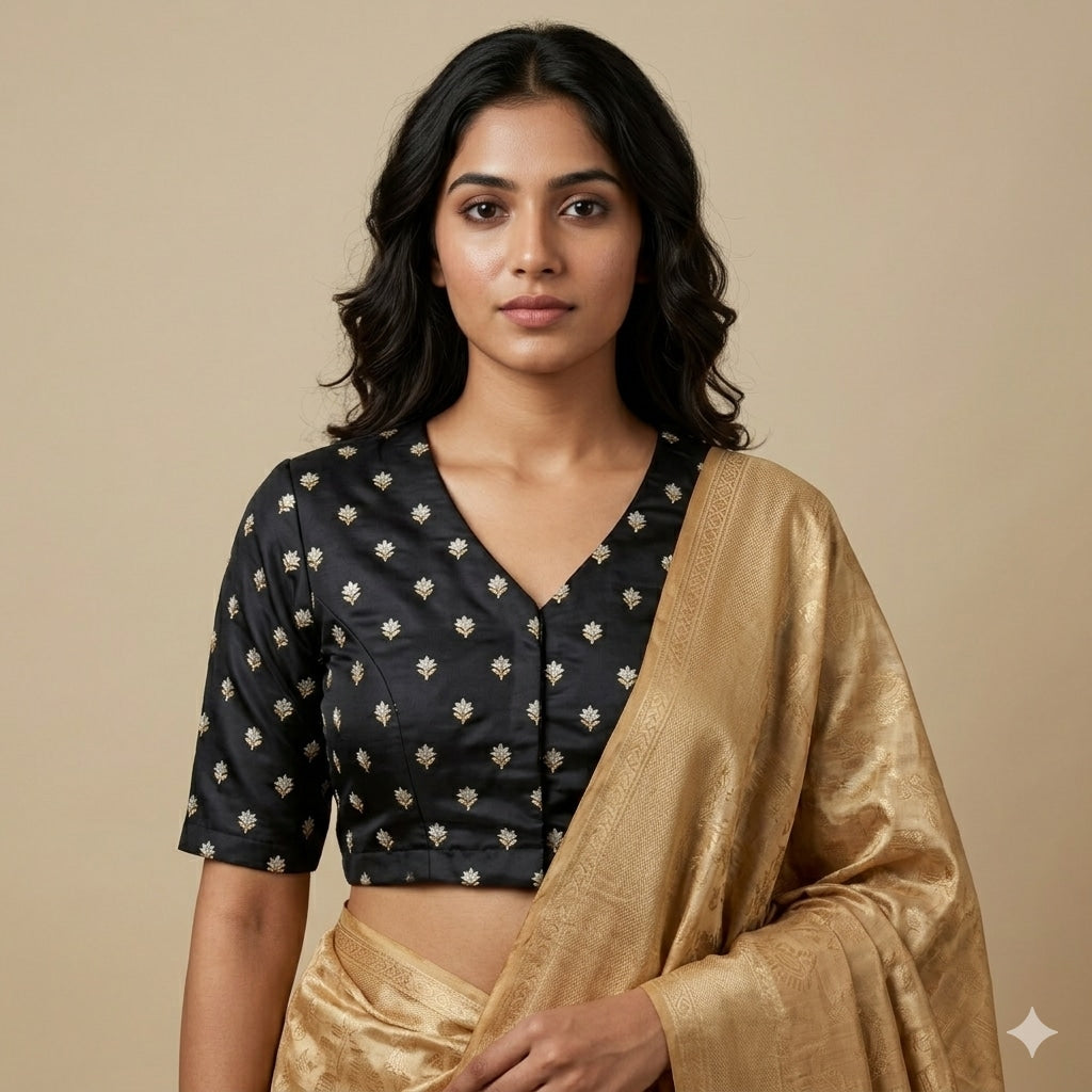 Black Zari Floral Motif Satin Silk Brocade Readymade Blouse | Godhuli