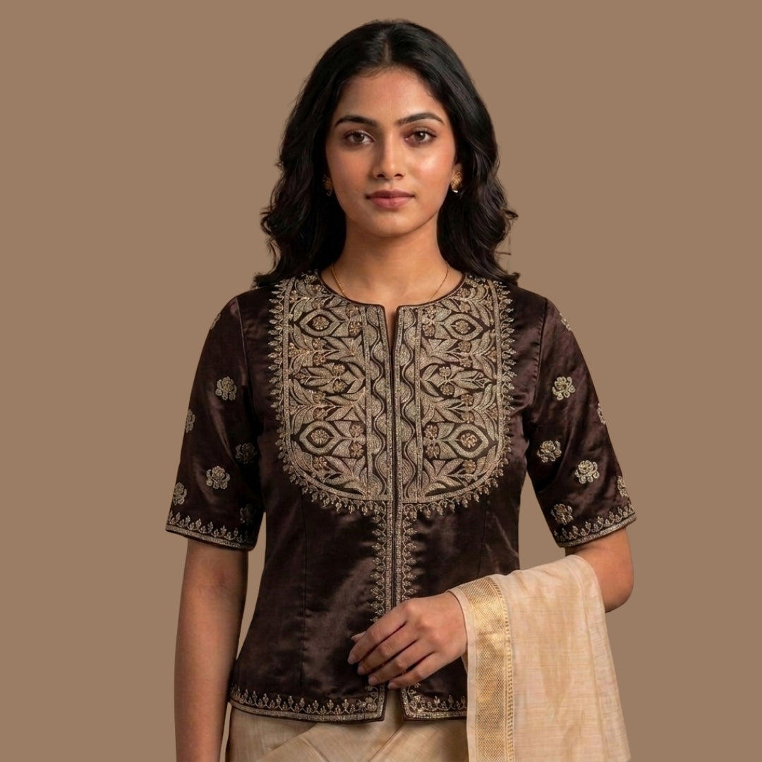 Chocolate Brown Gaji Silk Aari Work Readymade Blouse | Godhuli