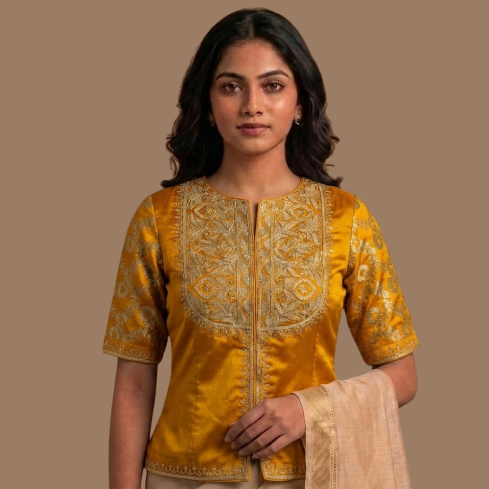 Mango Yellow Gaji Silk Aari Work Readymade Blouse | Godhuli