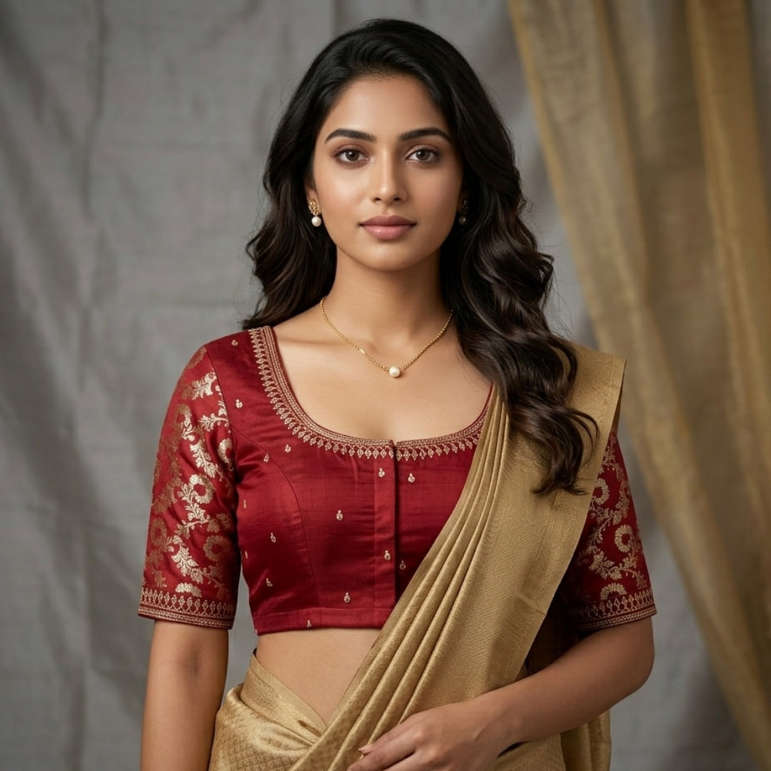 Maroon Gaji Silk Brocade Sleeves Aari Work Readymade Blouse | Godhuli