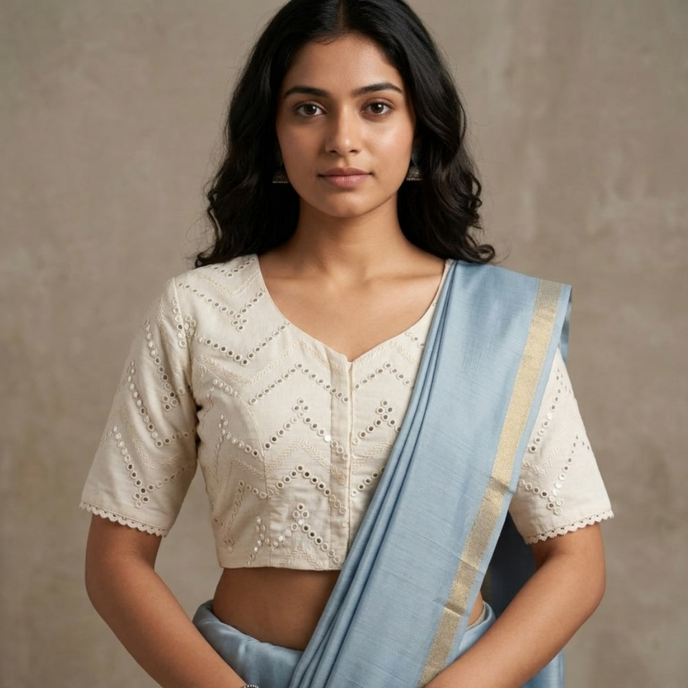 Ivory Mirrorwork Readymade Blouse | Godhuli