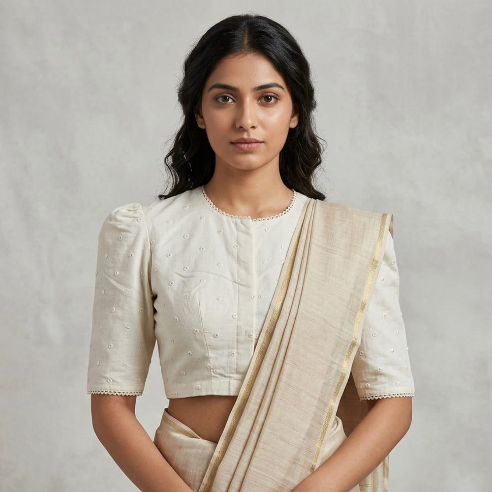 Ivory Mirrorwork Bengali Sleeves Readymade Blouse | Godhuli