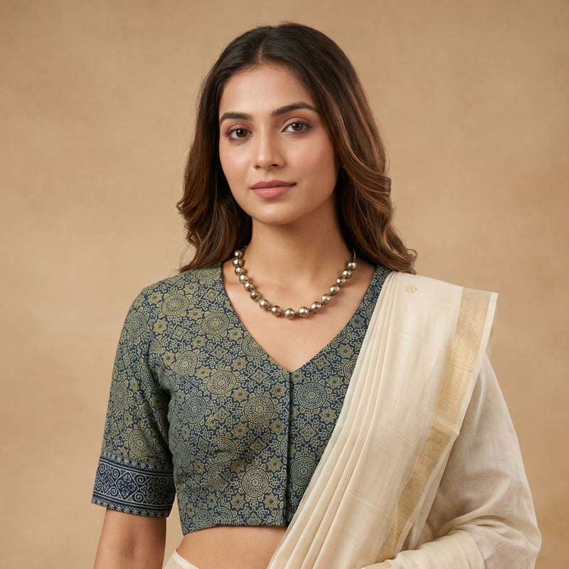 Indigo Cyan Colour Ajrakh Readymade Blouse | Godhuli