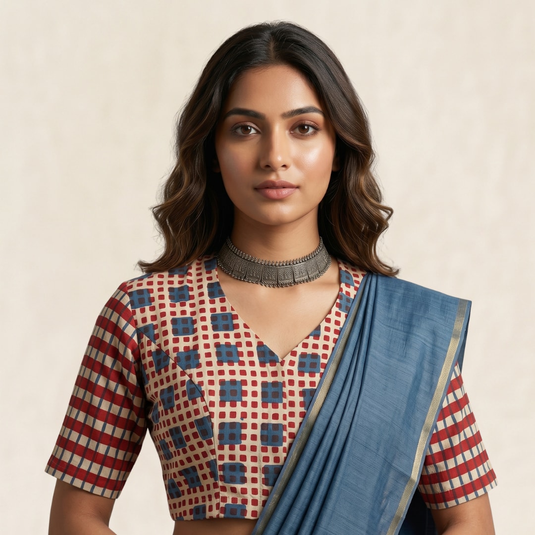 Buy Maroon Dabu Blouse with Checkered Patchwork Sleeves | Godhuli