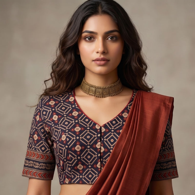 Black Geometric Print Gamathi Readymade Blouse | Godhuli
