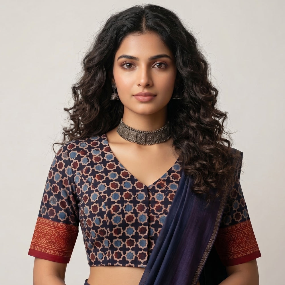 Black Mauve Mughal Print Ajrakh Readymade Blouse | Godhuli