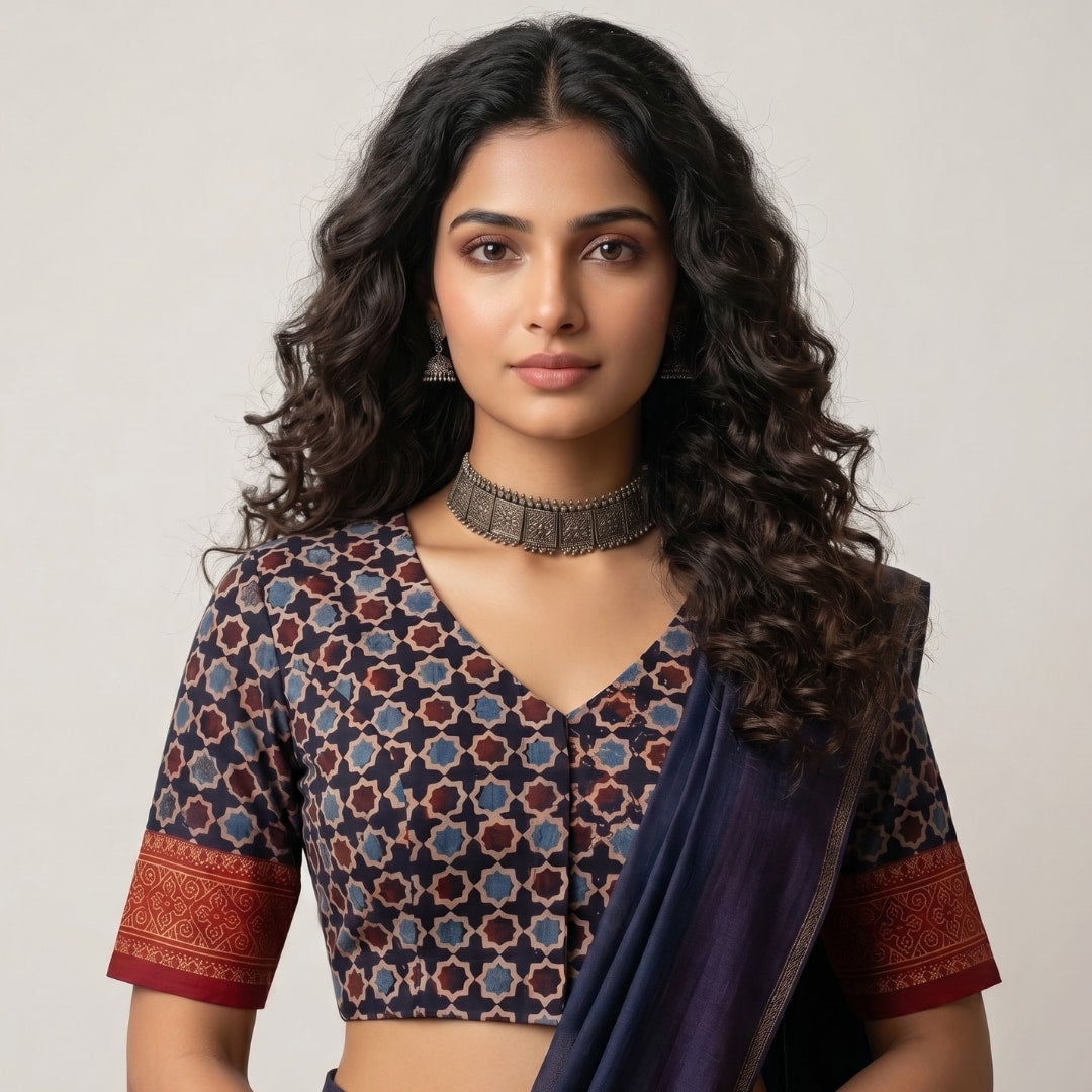 Black Mauve Mughal Print Ajrakh Readymade Blouse | Godhuli