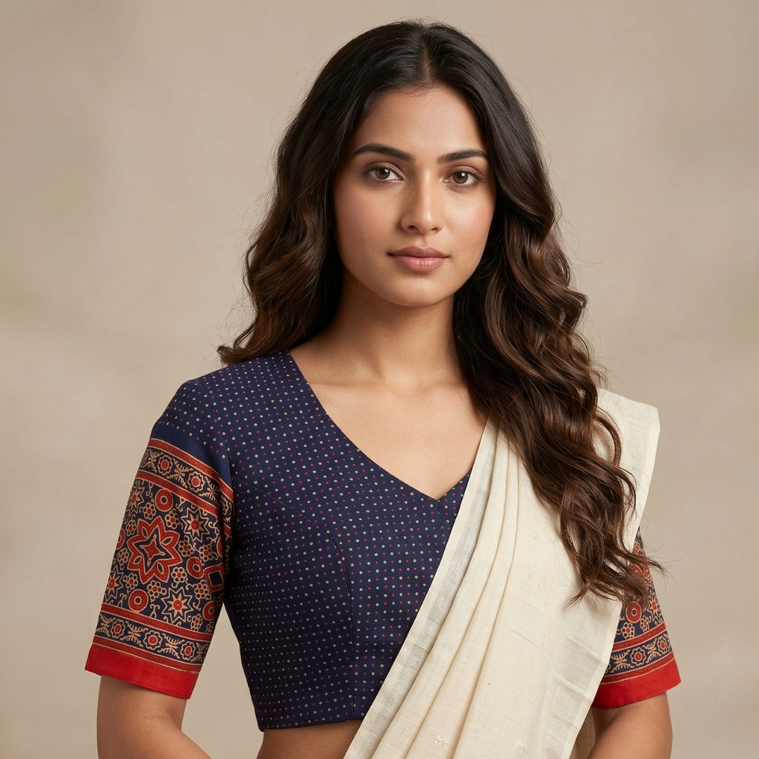Navy Blue Orange Dotted Gamathi Readymade Blouse | Godhuli