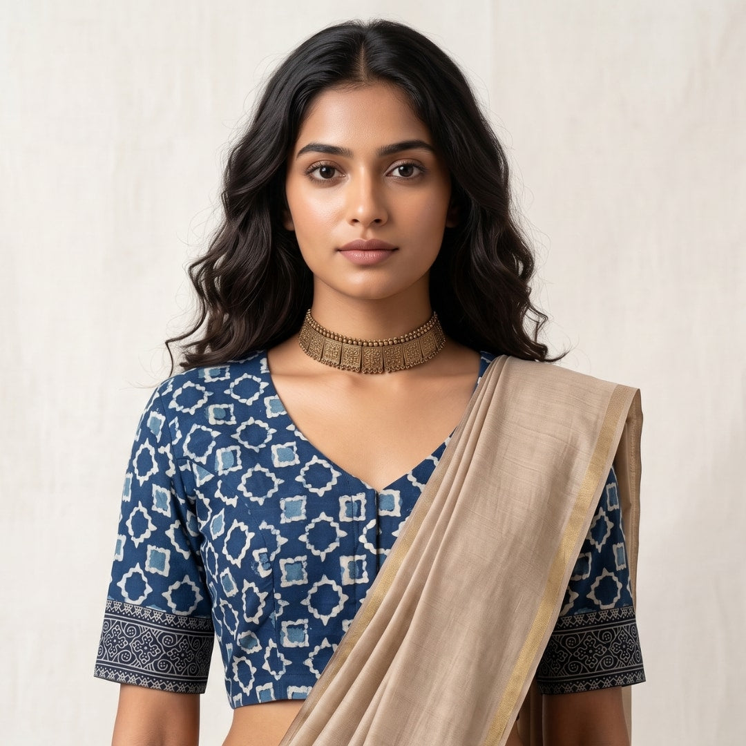 Dabu Indigo Mughal Print Readymade Blouse | Godhuli
