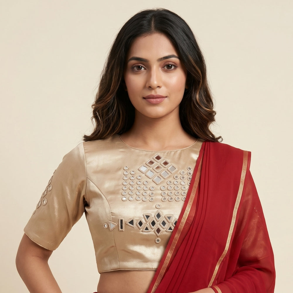 Beige Gaji Silk Mirror Work Readymade Blouse | Godhuli