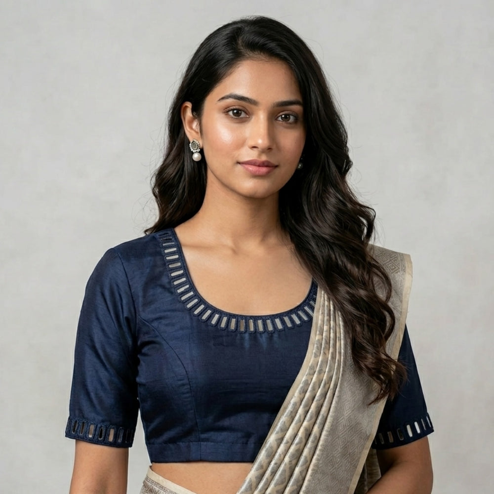 Navy Blue Flex Cotton Mirror Work Readymade Blouse | Godhuli