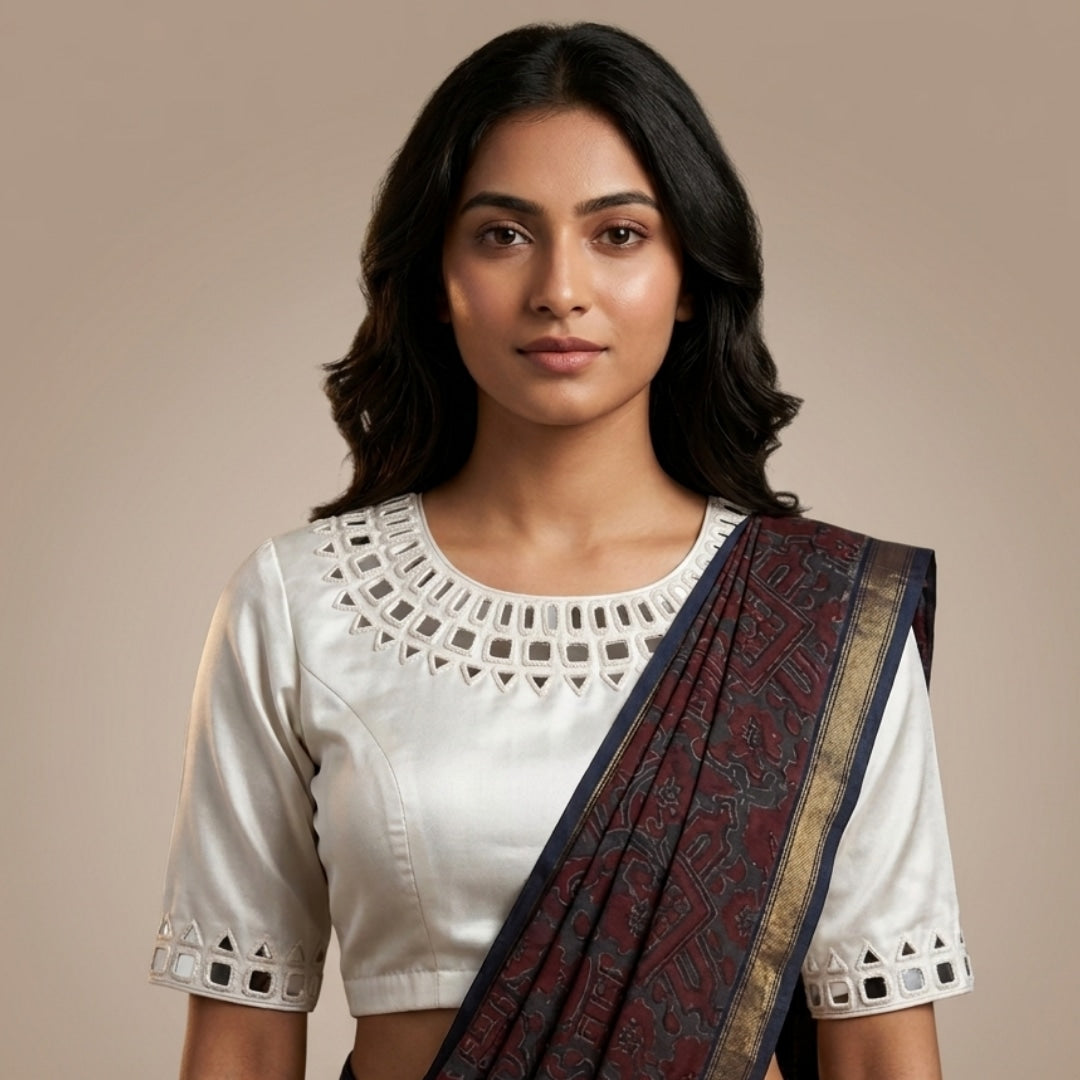Off White Gaji Silk Mirror work Readymade Blouse | Godhuli