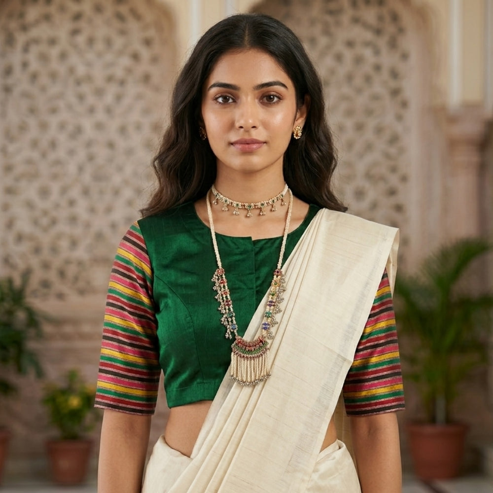 Green Handwoven Gaji Silk Readymade Blouse with Multicoloured Stripes Sleeves | Godhuli