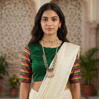 Green Handwoven Gaji Silk Readymade Blouse with Multicoloured Stripes Sleeves | Godhuli